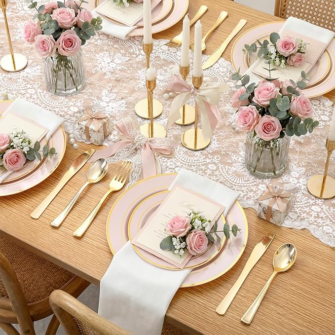 175PCS Pink plastic Plates - Pink Disposable Plates 25Guests Disposable Dinnerware Sets with Rolled Napkins for Wedding/Birthday/Easter/Baby Shower