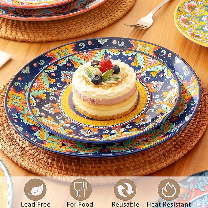 6-piece Bohemian plates, 8-inch main course plates, suitable for serving beef, lamb chops, turkey, and various main dishes; safe for microwave, oven, and dishwasher use