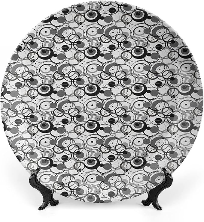 Ceramic Plates, Abstract Decorative Ceramic Plates, Monochrome Circles Dots Surreal Geometric Modern, 6 Inch, for Dining, Parties, Wedding, Grey Black White