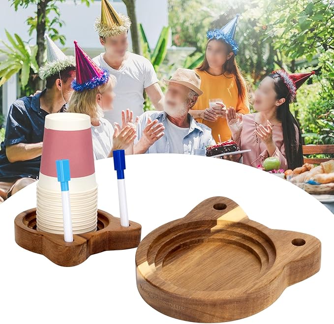 Cat Face Party Cup Holder, Scratch Resistant Drink Organizer with Marker Slots for Birthdays, Holiday Gatherings, Wooden Cup Stand Fits Variety of Disposable Cup Sizes for Kitchen Countertop