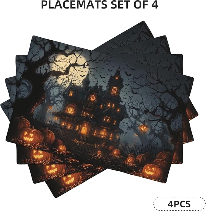 Halloween Horror Castle Placemats Set of 4 Washable Table Place Mats for Dining Kitchen Party Decor