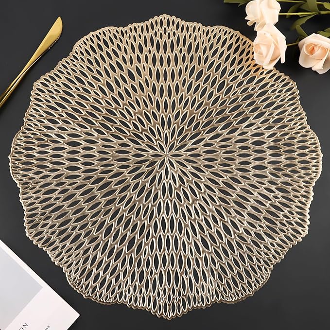 Placemats Set of 6, Round Placemats Gold 15 Inch Washable Vinyl Place Mats Dining Table Mats for Anniversary Wedding Party Kitchen Decorations