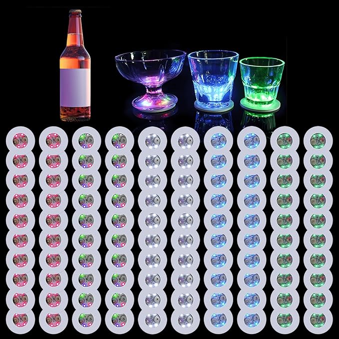 100 PCS LED Coaster, Light Up Coasters for Drinks, Liquor Bottle Lights Stickers Coasters, Flash Light Up Bar Coaster for Club, Bar, Party, Wedding Decor