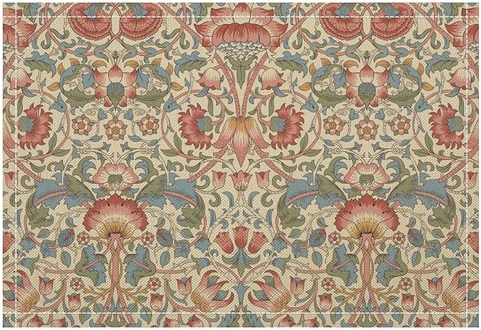 William Morris Placemat Set, Beige Blue Pink Retro Rustic Art Exotic Ethnic Lotus Floral Seamless Pattern Home Decor Linen Table Mats for Dining Room Kitchen Party (17x12in) x6P