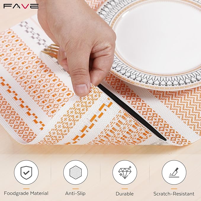FAVE Boho Vinyl Placemats Set of 6, Durable Woven Place Mats Washable Heat Resistant PVC Table Mats for Parties,Weddings, Dining,Banquet(Orange, 6PCS)