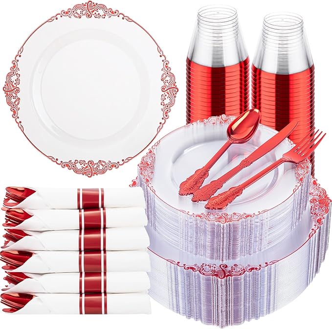 Hioasis 350pcs Clear and Red Plates - Red Party Plates for 50 Guest, Include 100 Heavy-duty Plates(20% Thicker Than Standard), 50 Pre Rolled Gold Plastic Silverware Set, 50 Cups