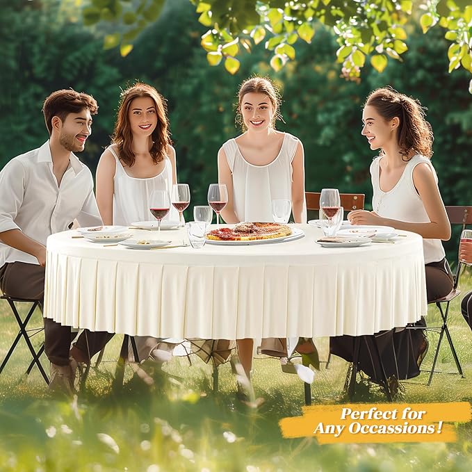 2 Pack Ivory Spandex Round Tablecloths for 72in Table, Stretchy Fitted 6FT Round Table Cloths, Wrinkle Free Table Cover with Skirt for Wedding Birthday Party Bridal Shower Banquet