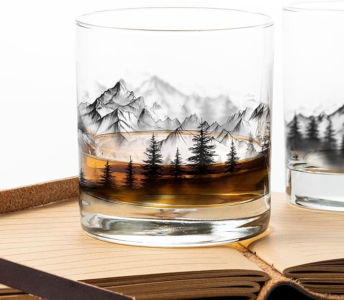 Black Lantern Whiskey Glass Set - Old Fashioned Tumbler Glasses for Cocktails Bourbon Scotch and Whisky - Nature Graphics - Two 11oz. Tumblers with Heavy Base (Mountain Mist)