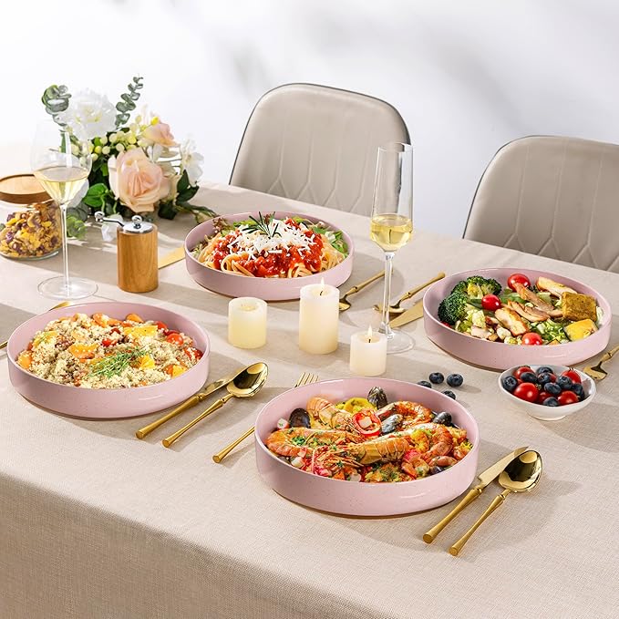 AmorArc 9.0" Large Ceramic Pasta Bowls, 32oz Handmade Speckled Stoneware Pasta Bowls Set of 4, Microwave & Dishwasher Safe Bowls With Terracotta Underside for Fruit Pasta Salad-Pink