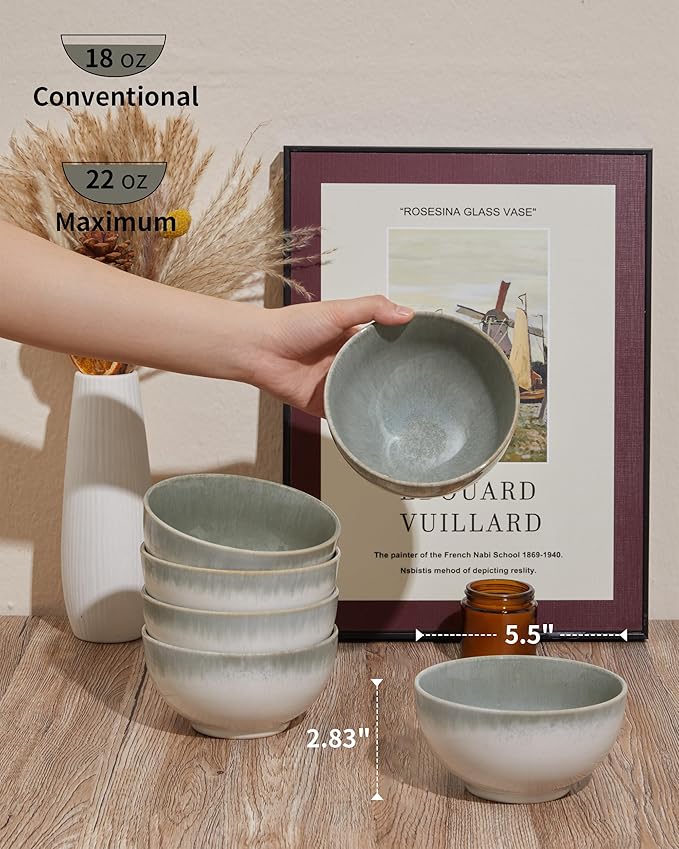 Cereal Bowl, 22 Oz Soup Bowls Set of 6 for Cereal, Snack, Rice, Salad, Side Dishes, Stoneware Bowls for Kitchen Decor, Ceramic Small Cereal Bowls