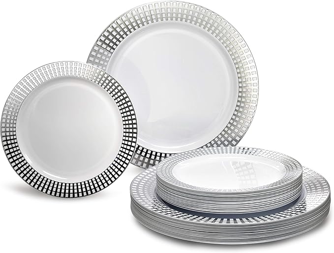 OCCASIONS 240 Plates Pack,(120 Guests) Premium Wedding Party Disposable Plastic Plates Set -120 x 10.25'' Dinner + 120 x 7.5'' Salad/Dessert (Princess White/Silver)