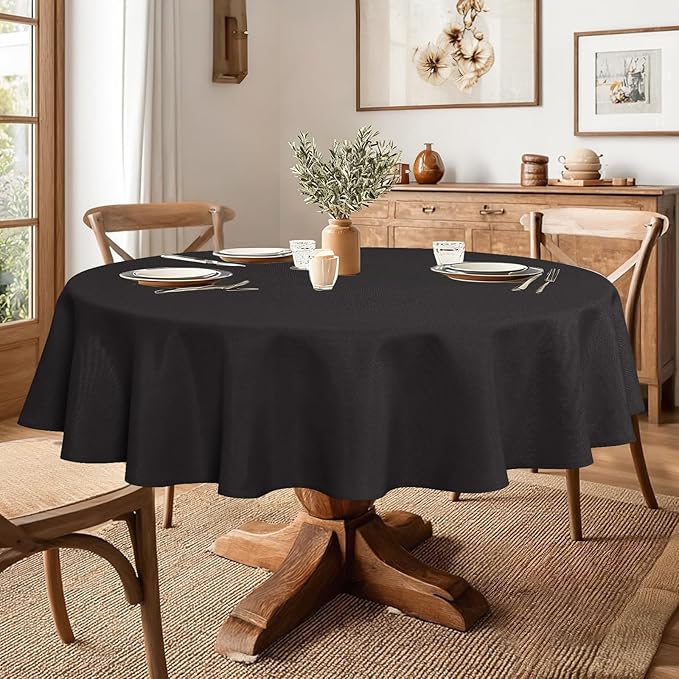 JIUZHEN Round Tablecloth Linen Textured Wrinkle Stain Resistant Farmhouse Table Cloth Decorative Fabric for Kitchen, Dining, Party, Wedding,Outdoor Use,90 Inch Round,Black