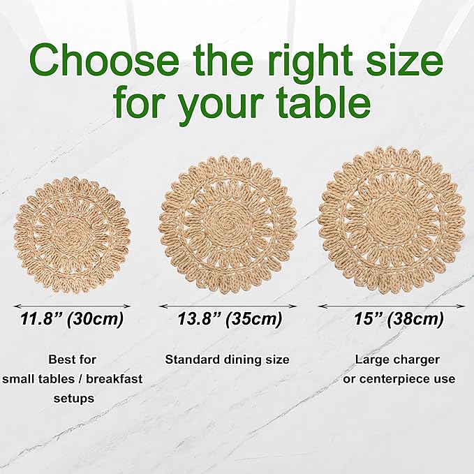 13.8" Set of 8 Round Corn Husk Placemats | Boho Woven Rattan Table Mats | Farmhouse Wicker Spring Plate Chargers Like Water Hyacinth, Seagrass for Wedding, Party, Christmas, Events