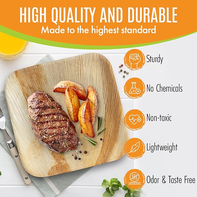 Raj Palm Leaf Plates Bulk [50-Pack] 6" Square Plates(4 CASES - 200 PACK) like Bamboo plates Disposable, Strong, Decorative Compostable Tableware for weddings, Lunch, Dinner, Birthday,Outdoor