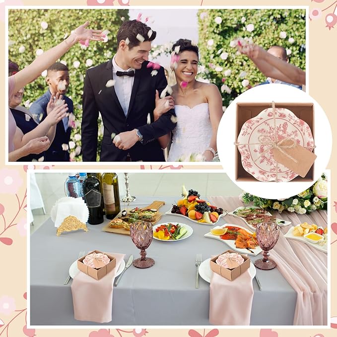 24 Pcs Wedding Favors for Guests Small Ceramic Bowl Bulk Gifts Set 3.3 Inch Floral Design Mini Dipping Sauce Dish with Card Box for Bridal Pooja Baby Shower Birthday Guest Gift (Pink)