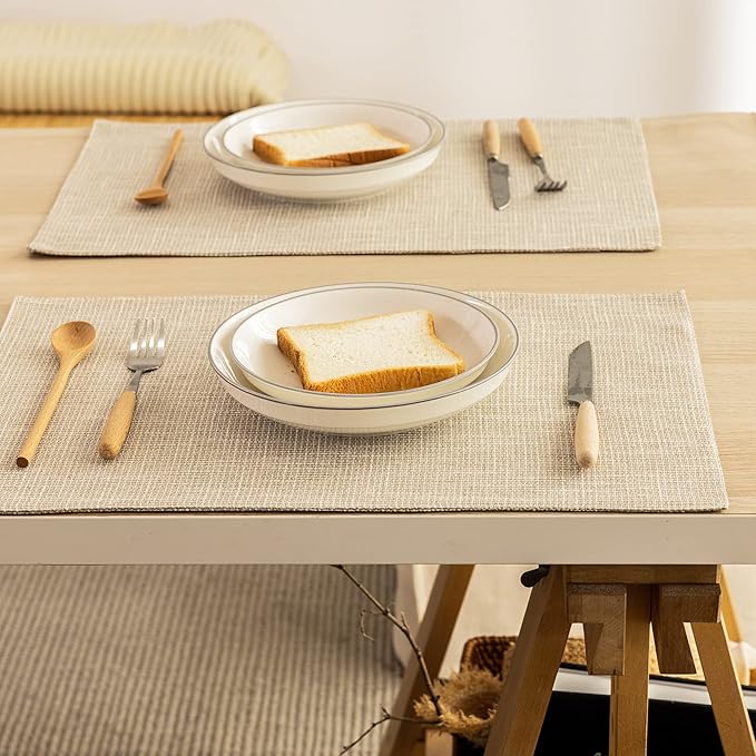 Kevin Textile Burlap Linen Placemats Set of 6 Heat Resistant Dining Table Place Mats Washable Kitchen Table Mats for Dinning Party Holiday Indoor Outdoor, 13 x19 inches, Light Beige