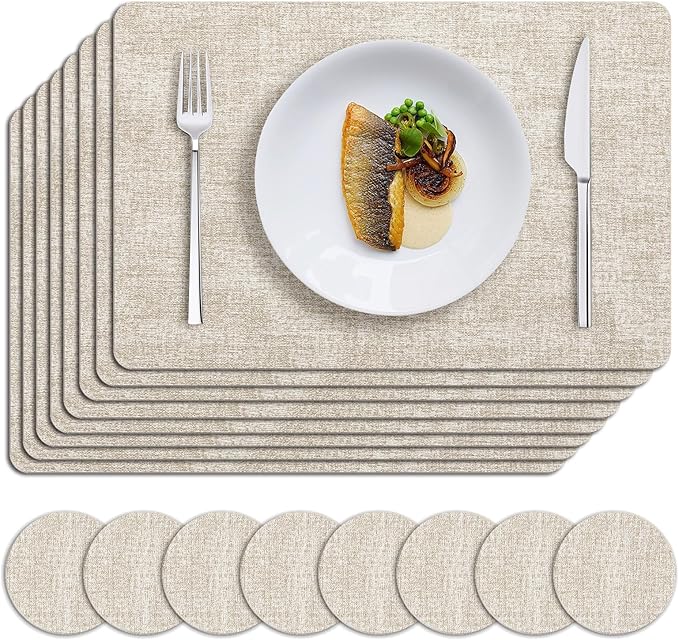 MOSAYT Placemats Set of 8, Heat Resistant Vinyl Place Mats with Coasters, Wipeable Washable 100% Waterproof Oil Proof Faux Leather Table Mats for Kitchen Dining Party Indoor Outdoor, 12" x 17", Beige