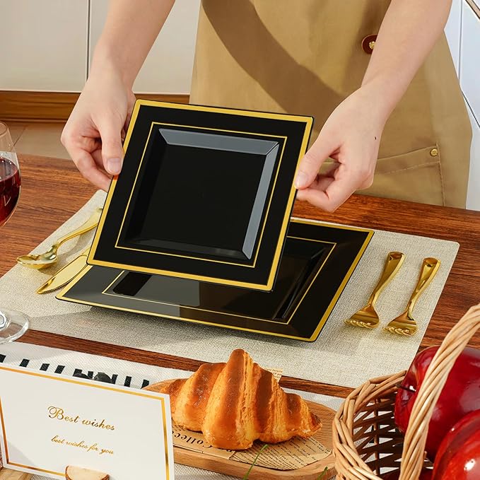 Goodluck 100 Black Pack Square Plastic Plates With Gold Rim, Heavy Duty 50 Dinner Plates 9.5" and 50 Dessert Plates 6.5", Fancy Disposable Plates for Wedding, Holiday Party, Birthday, Halloween