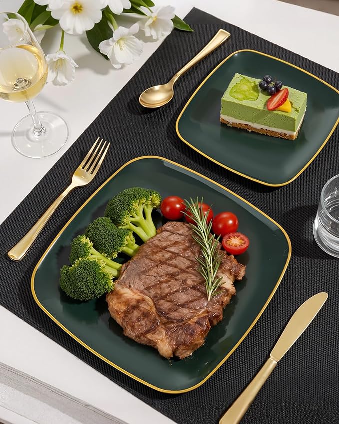 bUCLA 100PCS Green and Gold Plastic Plates - Heavy Duty Square Green Disposable - Include 50 Dinner & 50 Dessert Plates for Party & Christmas