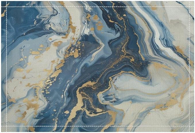Marble Linen Placemats Set of 2, Modern Luxury Foil Texture Blue White Gold Marble 12x17 Inch Washable Table Mats Non Slip Placemats for Wedding Party Kitchen Banquets Dining Decoration