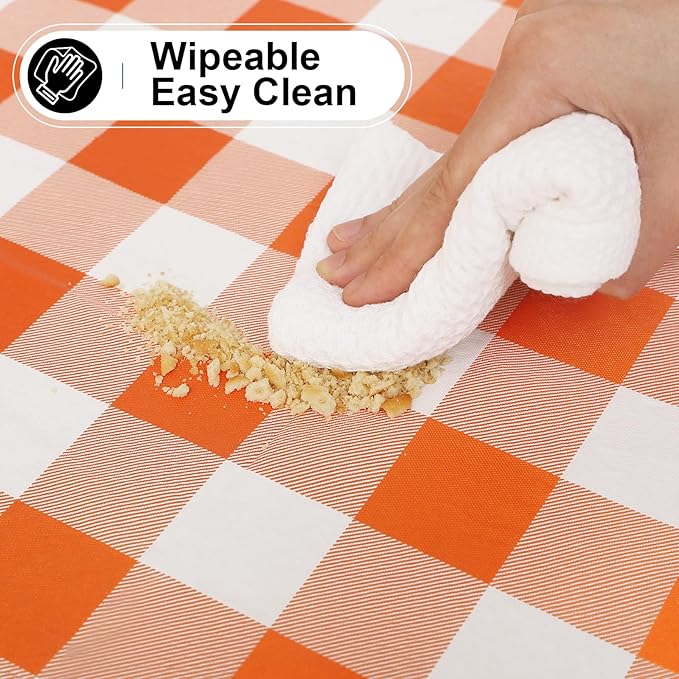 misaya Round Waterproof Vinyl Table Cloth, Buffalo Flannel Backed Tablecloth, Wipeable Plastic Table Cover for Dinner, Kitchen, Picnic (60", Orange and White)