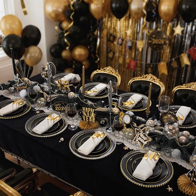 WDF 150PCS Black Plastic Plates - Black and Gold Plates Disposable - 25guest Disposable Dinnerware Sets for Party/Wedding/Halloween/New Year