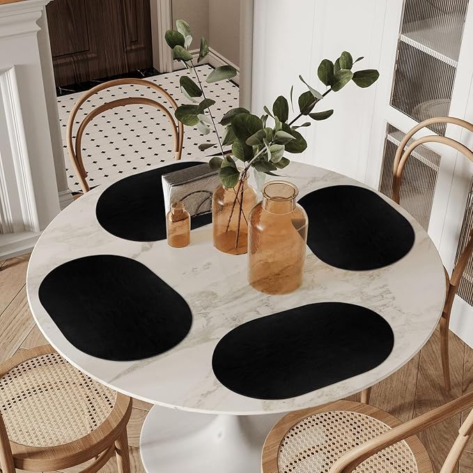 ADRIMER Placemats, Heat Resistant Oval Placemats Set of 12 Washable 12 x 17 Inch, Waterproof Table Mats, Wipeable Pu Place Mats for Kitchen, Dining Room, Black