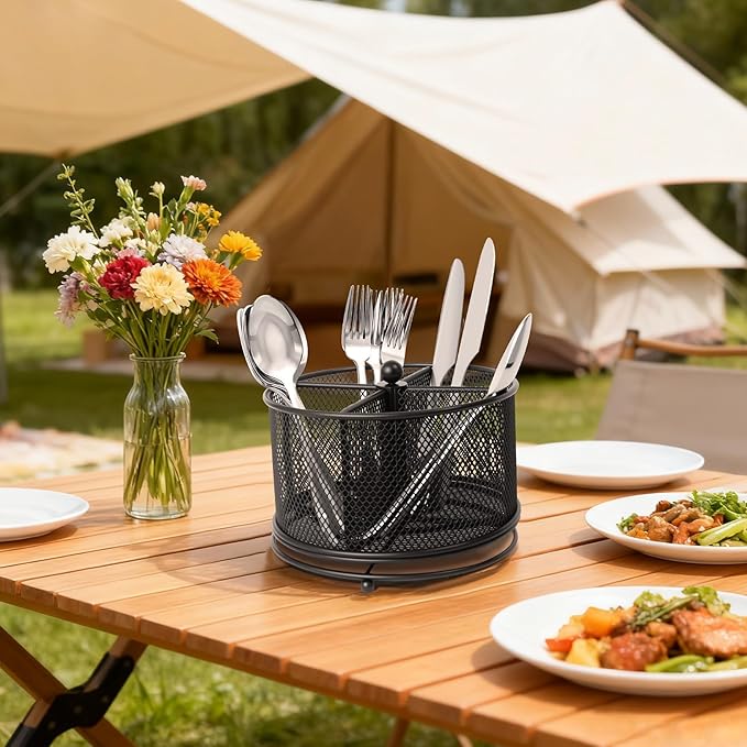 360° Rotating Metal Utensil Caddy, 4 Compartment Silverware Cutlery Holder, Effortless Access Fork Spoon, Silverware Holder for Party Countertop Buffet Picnic Camping Outdoor (Black)