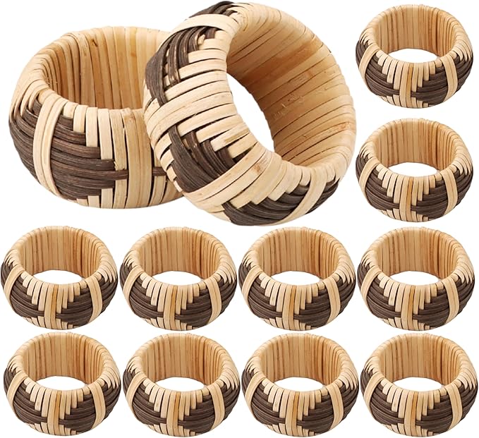 CLEENTABLE Cane Napkin Rings - Elegant Fall Napkin Rings for Table Decoration - Handwoven Natural Rattan Set of 12 Napkin Ring Suitable for Table Decor, Dining, Events, and Everyday Use (Brown)
