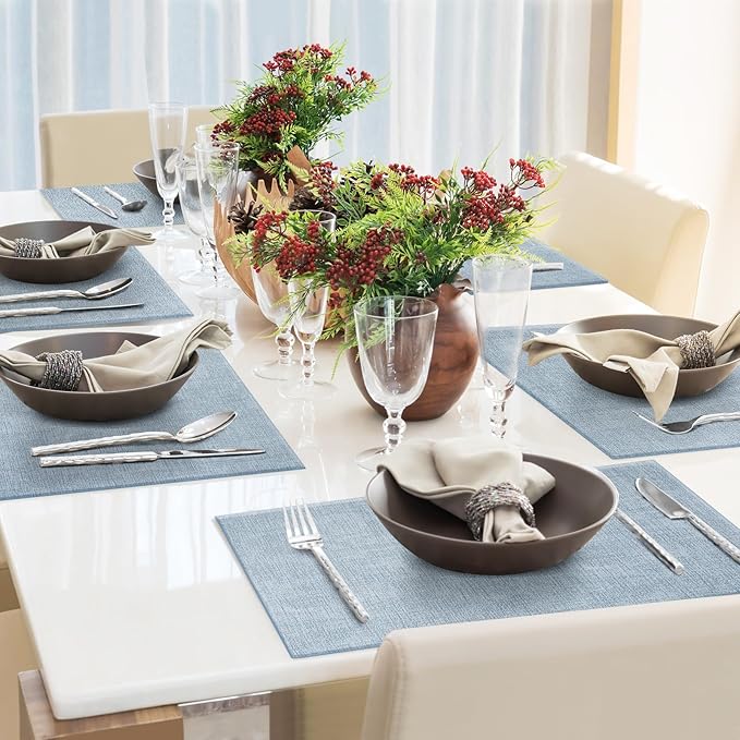 Faux Leather Placemats Set of 6 Washable Artificial Leather Table mats for Kitchen Table - Heat Resistant, Waterproof, Easy Clean, Anti Slip 11.8" x 17" (Light Blue-6 Pack)