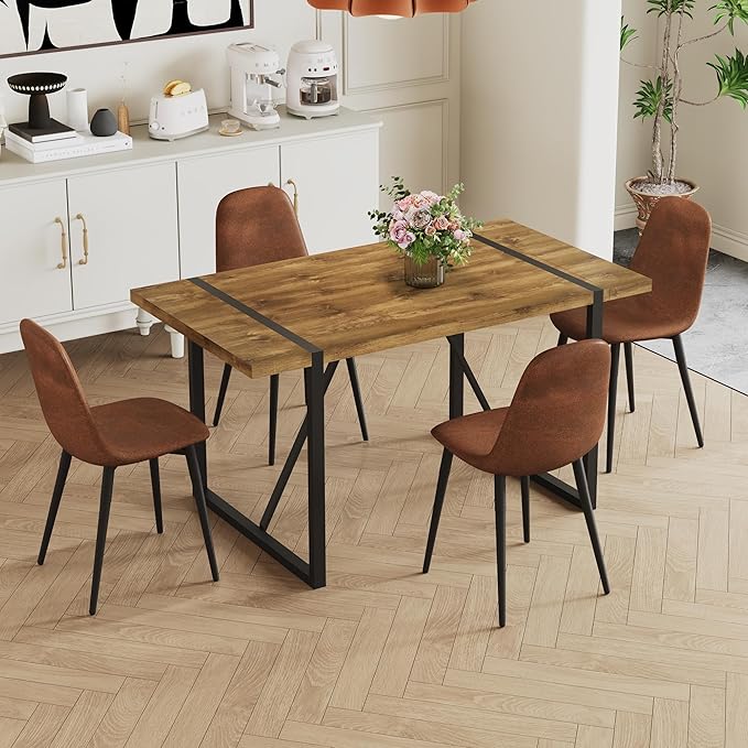 Dining Table Set for 4, Modern 55'' Dark Wood Dining Table and Fabric Dining Chairs Set of 4,Table and Chairs Set of 4,Ideal for Kitchen Dining Room
