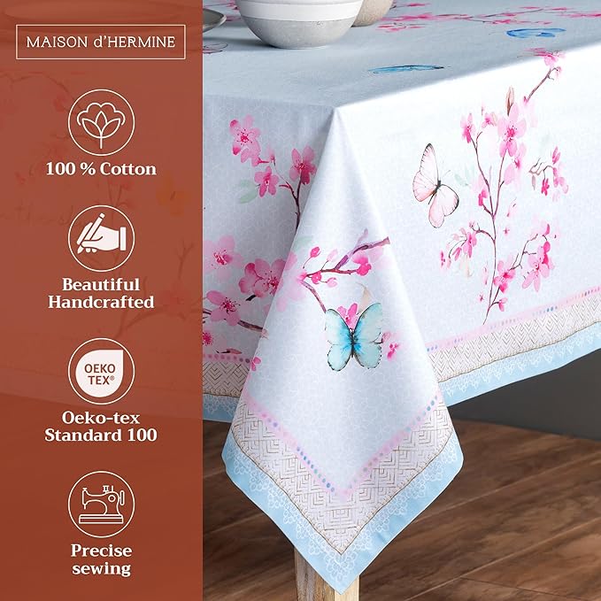 Maison d' Hermine Table Cloth Rectangle Table 100% Cotton 70 x 120 Inches Tablecloth Reusable Decorative for Dining Room Farmhouse Home Valentines Day Decorations Spring Summer - Blossoms in Spring