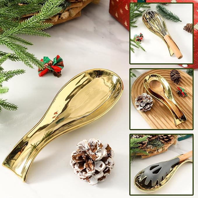 Ceramic Spoon Rest for Stove Top,Large 8.7 Inch Spoon Holder for Kitchen Counter,Porcelain Utensil Rest for Thankgiving and Christmas Gift,Dishwasher Safe and Heat-Resistant,Gold(1 PC)