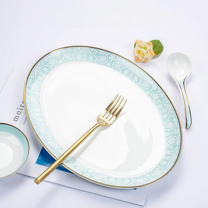 Fine Bone China Dinnerware Set,Porcelain&Ceramic Dinnerware Sets,Bone Stoneware & Ceramic Cookware Tableware Set Includes Dinner Plates|Spoons|Pasta Bowls|Soup Pot|Chopsticks (26PCS * 6-Person Set)