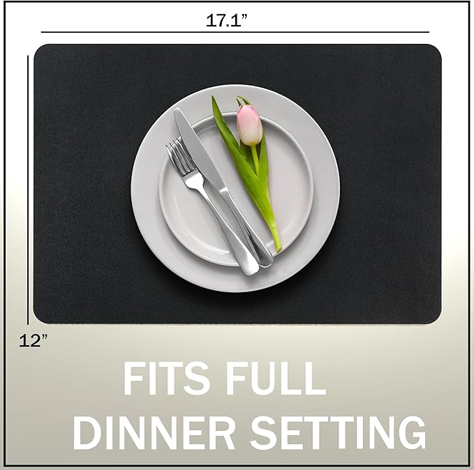 More Décor Faux Leather Placemats Set of 6 for Dining Table – Waterproof, Wipeable, Washable, Stain & Heat Resistant, Non-Slip Table Mats – 12 X 17 Inch (Solid Black, 6)