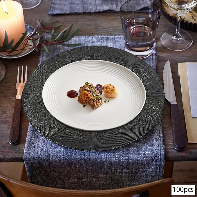 100 Pcs Antique Charger Plates Bulk, 13in Reusable Serving Plates Embossed Rim Plastic Party Dinner Plate Chargers Round Decorative Server Plate for Wedding Party Event Tableware