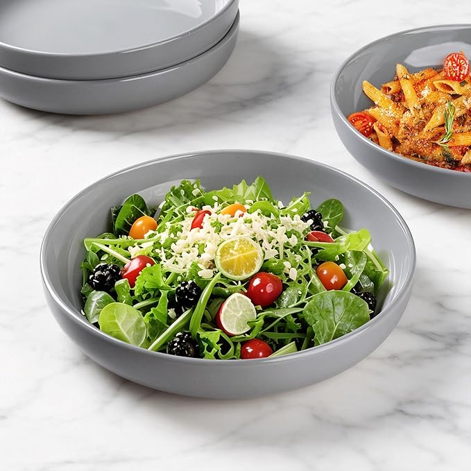 AmorArc 8.75'' Large Ceramic Pasta Bowls, 36oz Handpainted Stoneware Bowls Set of 4, Microwave&Dishwasher Safe Bowls with Wavy Rim&Rustic Terracotta Underside for Pasta Salad, Gray