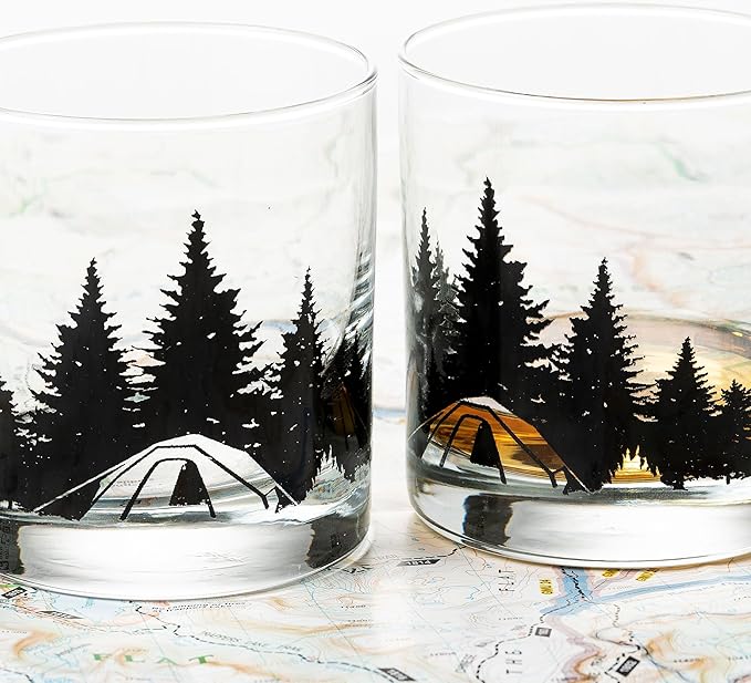 Black Lantern Camping in the Woods Whiskey Glasses – Set of 2 11oz Old Fashioned Glasses with Gift Box