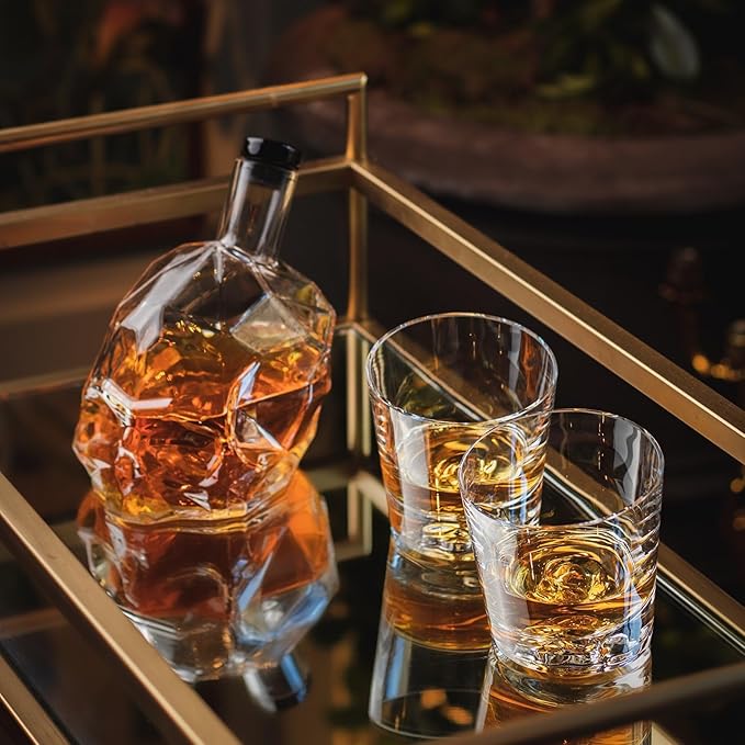 NUDE Whiskey Glasses Set of 2 – Memento Mori 10.25 oz Lead-Free Crystal Rocks Glasses for Whisky, Scotch & Bourbon – Skull Motif Base, Handmade, Hand Wash Recommended Luxury Gift Set