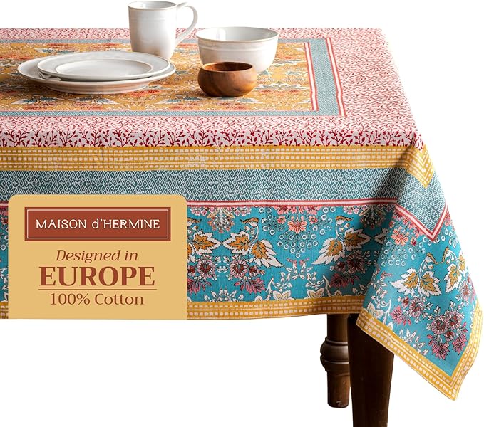 Maison d' Hermine Table Cloth Square Table 100% Cotton 60 x 60 Inches Tablecloth Reusable Decorative for Dining Room Farmhouse Home Valentines Day Decorations Spring Summer - Marquise