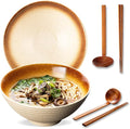8 Inch Ceramic Ramen Bowl Set of 2, 40oz Japanese Bowls with Spoons & Chopsticks,Durable,Microwave & Dishwasher Safe,Perfect for Ramen,Pho,Salad,Soup,Noodles，Mixing bowls（Amber）