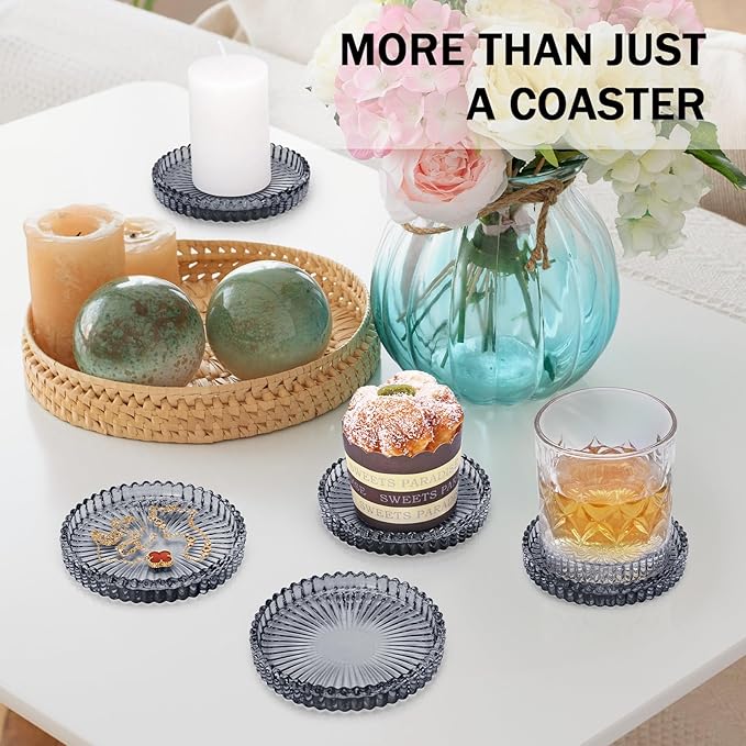 Vintage Glass Coasters, GOH DODD Set of 8 Crystal Coasters Tabletop Protection for Drinks, Home Decor, Kitchen, Living Room, Patio, Wedding, Party, Housewarming Gifts, Clear Black