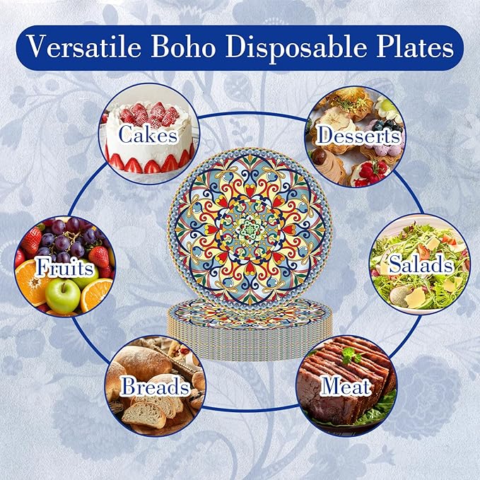 ZULYSTO 100PCS Boho Paper Plates (50×7 Inch & 50×9 Inch)–Vintage Bohemian Style Disposable Plates, Dessert Party Dinner Plates, Dinnerware Plate Set for Birthday Gatherings