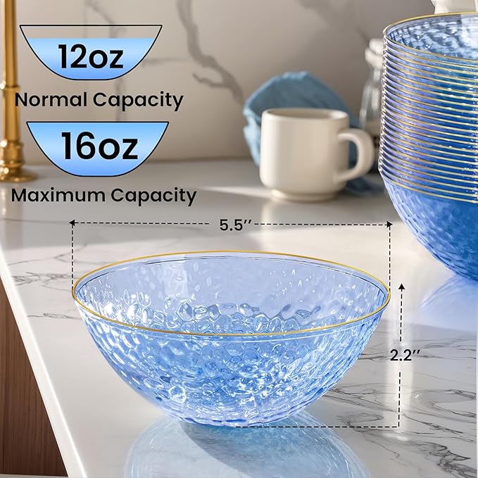 I00000 20 Pack 12 Ounce Blue Plastic Bowls Hammered Gold Rimmed Crystal Like, Heavy duty Disposable Bowl Set,Elegant Soup/Salad/Dessert/Ice Cream Bowls For Party, Weddings, Catering