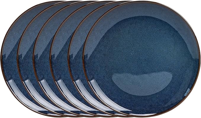 Organic Shape Highland Ceramic Dinner Plates, 6pcs 10.5 Inch Handmade Reactive Glaze Dinnerware Sets with Wavy Edge, for Kitchen, Microwave & Dishwasher Safe, Scratch Resistant-Blue