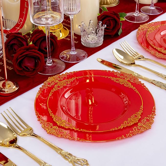 102PCS Red and Gold Plastic Plates - Red Plates Disposable - Vintage Plastic Plate with Gold Rim Include 51PCS Dessert & 51PCS Dinner Plate Perfect for Weddings & Party & Valentine's Day
