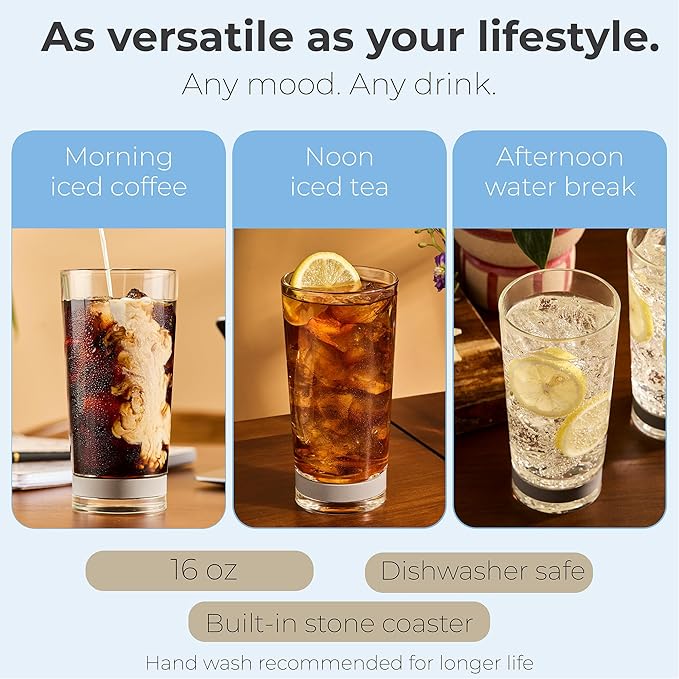Coast Glassware The Tall – Patented Highball Drinking Glasses with Built-In Stone Coaster Base – Absorbent, Surface-Protecting Water & Cocktail Glasses – Premium Gift Pack (Set of 2) - 16 oz