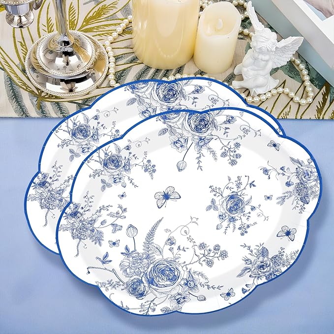 50 Pcs Blue Floral Oval Plates 10" x 12" Large Blue and White Floral Scalloped Plates Disposable Heavy Duty Vintage Flower Dessert Platters for Wedding Bridal Shower Decorations Tea Party Supplies