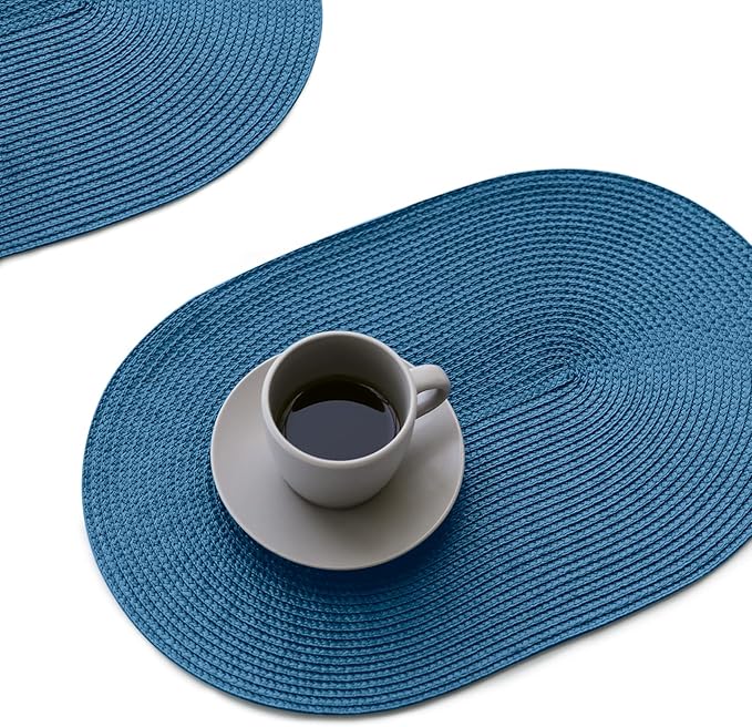 FunWheat Oval Braided Placemats Set of 4 Table Mats for Dining Tables Washable Heat Resistant Place Mats for Indoor Outdoor Use 12 x18 Inch(Oval Blue, 4pcs)
