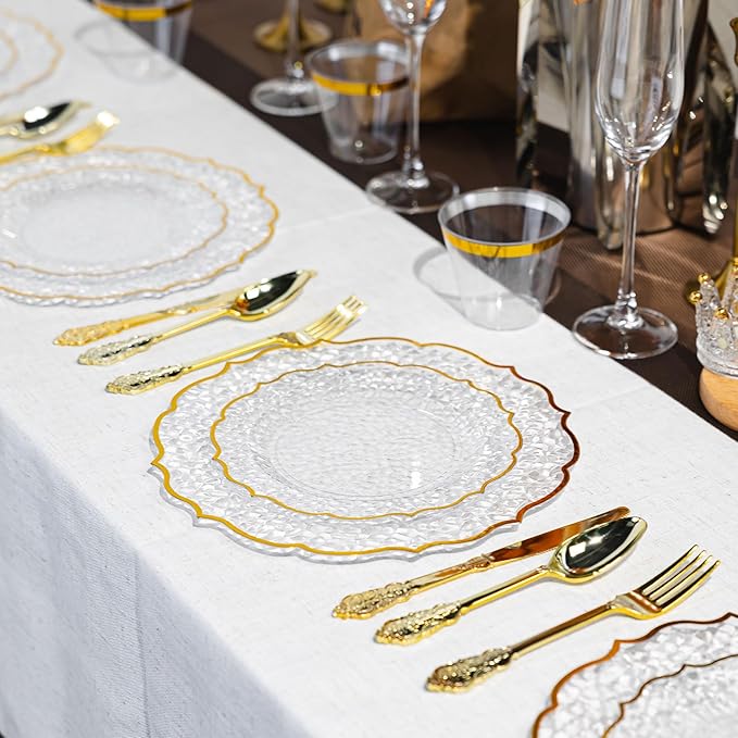 N9R 120 PCS Clear and Gold Plastic Plate, Clear Disposable Plate with Gold Rim, Stone Texture Plates Include 120 Dinner & Dessert Plates for Wedding, Party